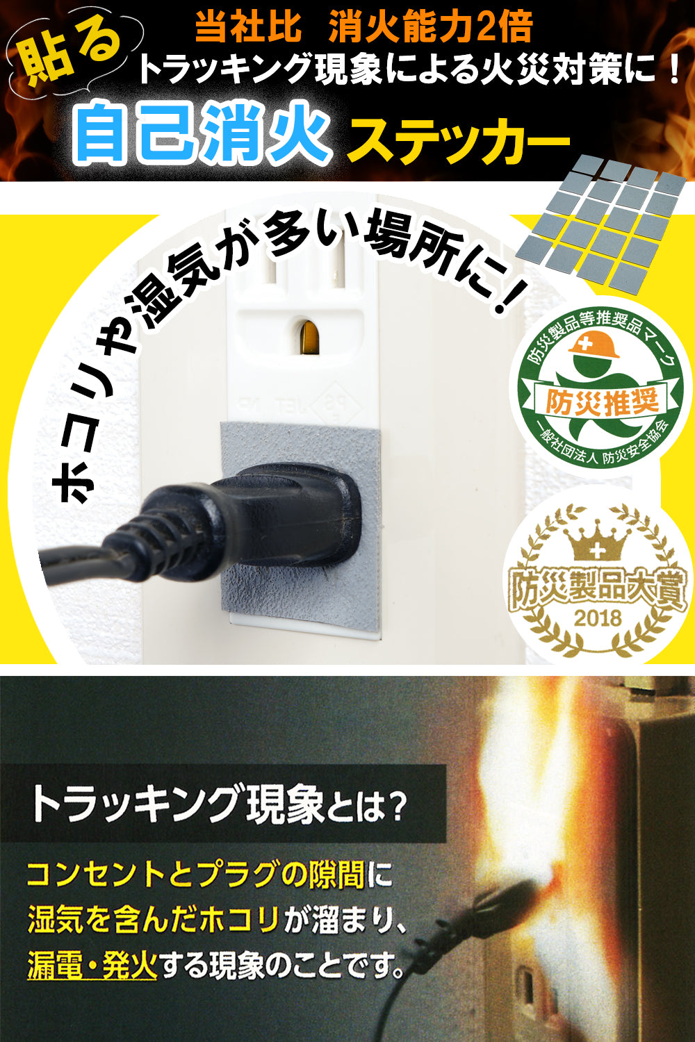 Fire Fighting Sticker(ファイア ファイティング ステッカー) 自己消火ステッカー 3×3cm カット済み 消火能力2倍 スーパーグレー 日本製 トラッキング火災 初期消火 対策
